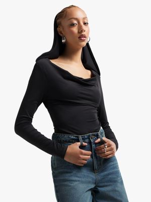 Women's Black Bodysuit With Open Back & Hoody