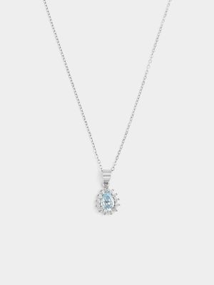 Sterling Silver Aquamarine Cubic Zirconia Pear Halo Pendant