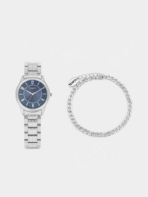 Tempo Silver Plated Navy Dial Bracelet Watch & Bracelet Set