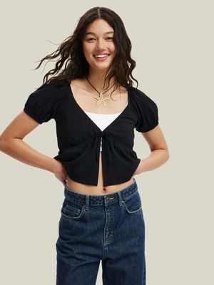 Women's Cotton On Black Mila Tie Front Short Sleeve Top