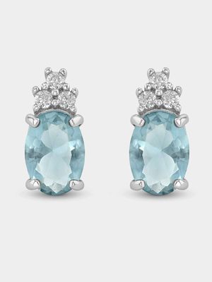 Sterling Silver Aquamarine Cubic Zirconia Oval Trio Stud Earrings