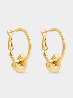 Stainless Steel Gold Tone Hoops with Bold Heart Charm