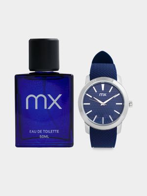 MX Silver Plated Blue Silicone Watch & MX For Him Fragrance Set