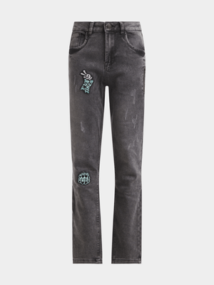 Jet Older Boys Grey Badges & Zips Jeans