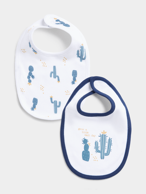 Jet Infant Boys White/Navy Catus Plant 2 Pack Bibs