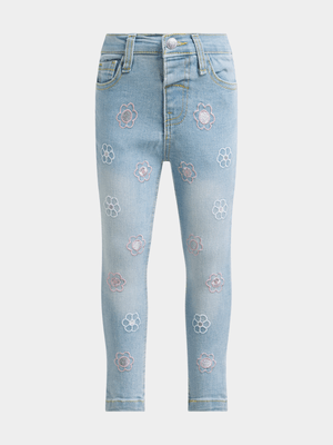 Jet Younger Girls Light Blue Flower Embroidered Jeans