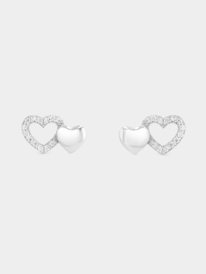 Sterling Silver Cubic Zirconia Dual Heart Stud Earrings