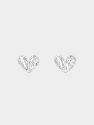 Sterling Silver Cubic Zirconia Pear Overlay Heart Stud Earrings