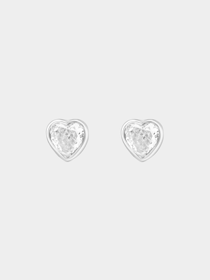 Sterling Silver Cubic Zirconia Heart Solitaire Bezel Stud Earrings