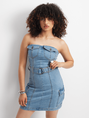 Women's Light Wash Cargo Mini Denim Dress