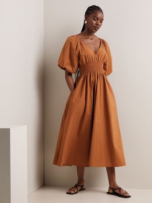 Women's Iconography Smocked Puff Sleeve Midi Dress