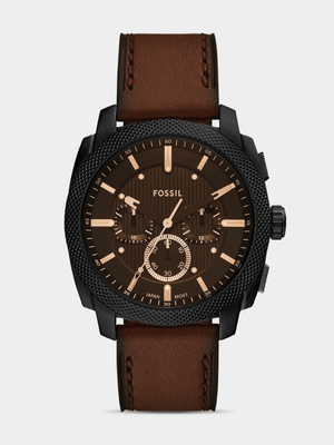 Fossil Machine Black Plated Brown Leather Chronograph Watch