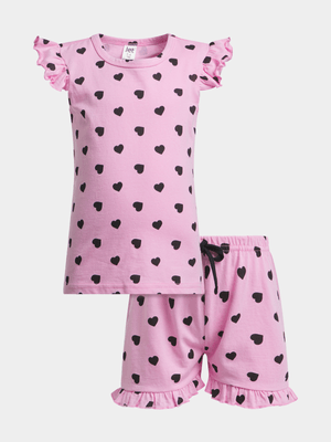 Jet Younger Girls Pink/Black Hearts Pyjama Set