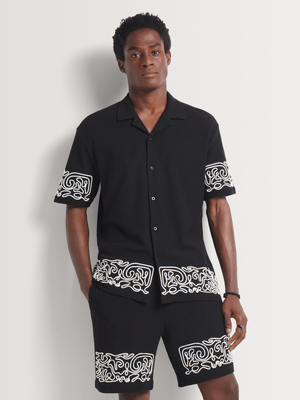 Men's Markham Co-ord Embroidery Detail Button Through Black Shirt