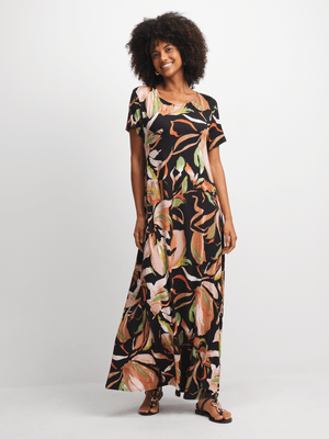 Women's Black Floral Print Maxi T-Shirt Dress