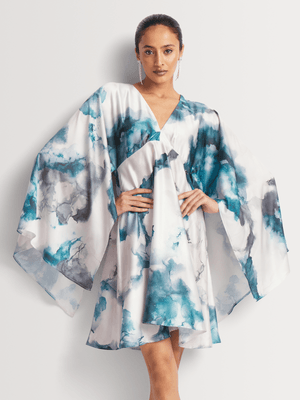 Kaftan Dress Short Watercolur print Blues