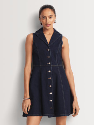 DENIM BUTTON THRU COLLARED DRESS - DARK WASH