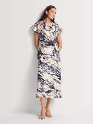 Slip Dress Midi Flutter sleeve knot Marble Print