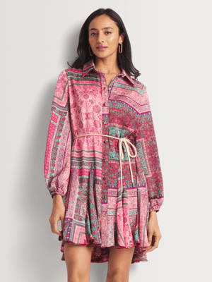 Shirt Dress Flared hem Satin Paisley Pink