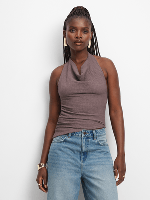 Women's Brown Textured Cowl Halter Neck Top