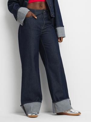 Women's Dark Wash Turn Up Wide Leg Jeans