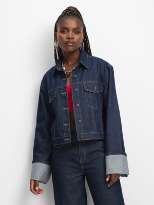 Women's Dark Wash Oversized Turn Up Denim Jacket