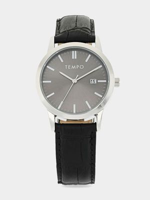 Tempo Men's Silver Toned Black Leather Watch With Date Function