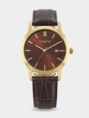 Tempo Men's Gold Toned Brown Leather Watch With Date Function