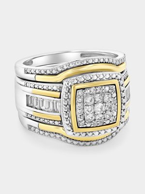 Yellow Gold & Sterling Silver White Sapphire Cushion Triple Set Ring