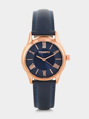 Tempo Rose Plated Navy Dial Navy Leather Watch