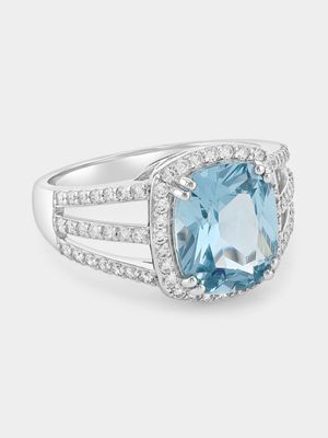 Cheté Sterling Silver Sky Blue Cubic Zirconia Cushion Halo Ring