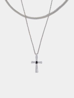 Men's Markham Jet Stone Cross Pendant Silver Necklace Set