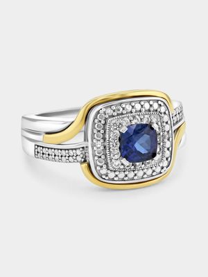 Yellow Gold & Sterling Silver Diamond & Created Blue Sapphire Cushion Ring