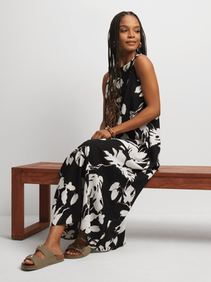 Women's Black Foliage Trapeze Maxi Dress