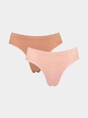 Women's Nude & Pink 2-Pack Seamless Ribbed Thongs