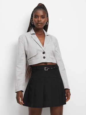 Women's Grey Cross Hatch Suiting Lined Crop Blazer