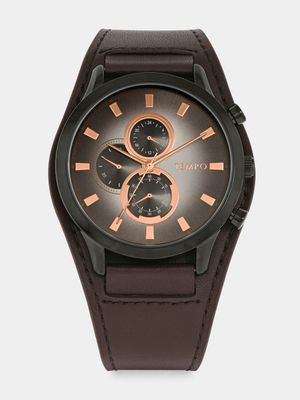 Tempo Men’s Gunmetal Plated Multi Dial Brown Leather Watch