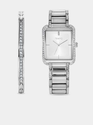 Tempo Ladies’ Silver Plated Crystal Rectangle Bracelet Watch Set