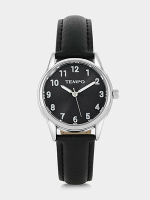 Tempo Silver Plated Black Dial Black Leather Watch