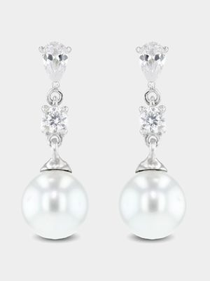 Sterling Silver & Freshwater Pearl Sparkling Drop Earrings