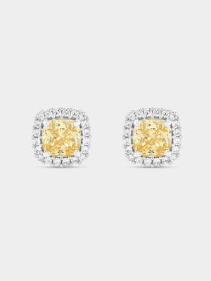 Sterling Silver Yellow Cubic Zirconia Cushion Halo Stud Earrings