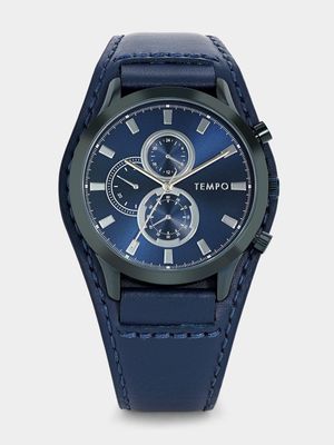 Tempo Blue Plated Chronographic Blue Leather Watch