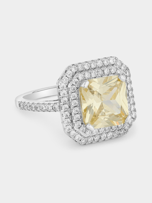 Sterling Silver Yellow Cubic Zirconia Cushion Double Halo Ring