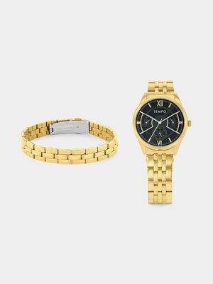 Tempo Gold Plated Black Dial Bracelet Watch & Bracelet Set