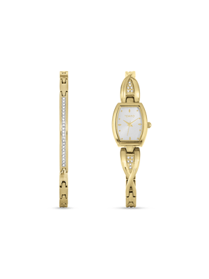 Tempo Woman's Gold Tone Tonneau Shape Bangle Watch 2 Piece Set