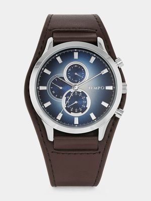 Tempo Men’s Silver Plated Navy Dial Chronographic Brown Leather Watch