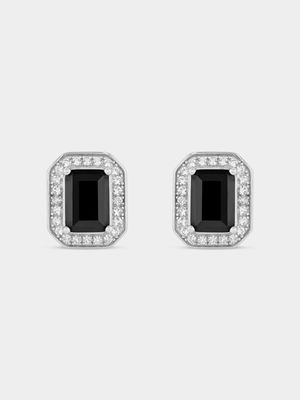 Sterling Silver Black Spinel & White Sapphire Rectangle Halo Stud Earrings