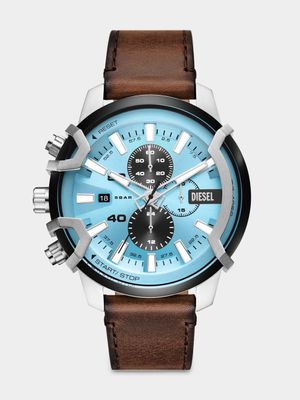 Diesel Griffed Blue Dial Brown Leather Chronograph Watch