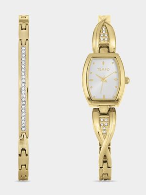 Tempo Woman's Silver Dial Gold Plated Bangle Watch 2 Piece Set