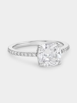 Sterling Silver Cubic Zirconia Solitaire Cushion Pavé Ring